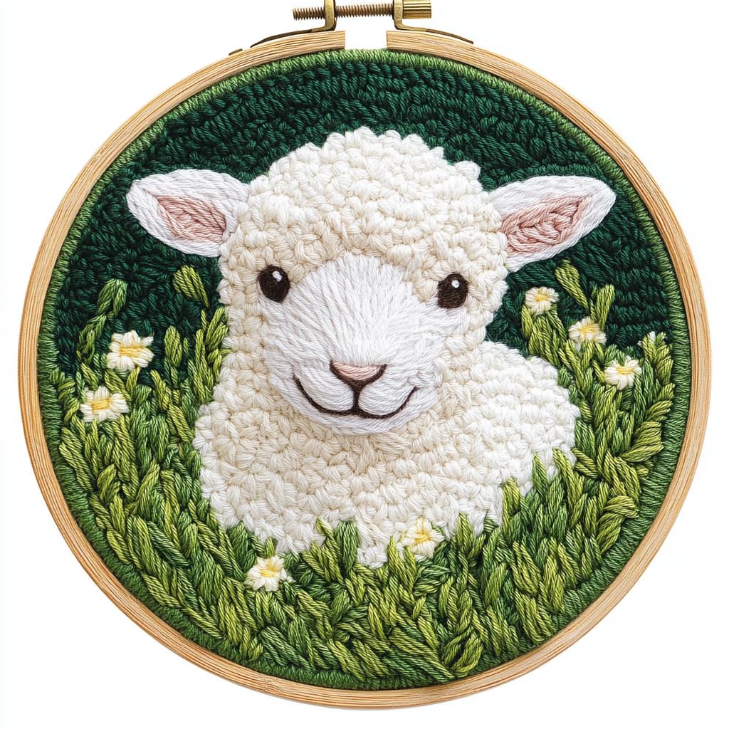 DIY Punch Needle Kits Little Sheep Green Grass Easy for Beginners Punch Needle Embroidery Set for Craft Lovers with Printed Pattern and Hoop for Home Decor 20x20cm-3