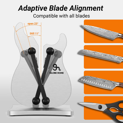 GLOBEHOME Professional Knife Sharpener for Kitchen, 3-Action Blade Sharpener with Tungsten Carbide, Auto Adjustable Brushed Stainless Steel Manual Sharpener for Serrated, Beveled, Standard Blades
