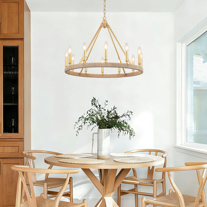 ASHUAQI 26" Gold Wagon Wheel Chandelier, 12-Light Farmhouse Chandelier for Dining Room, Gold Pendant Light Fixture for High Ceiling Living Room Foyer Entryway