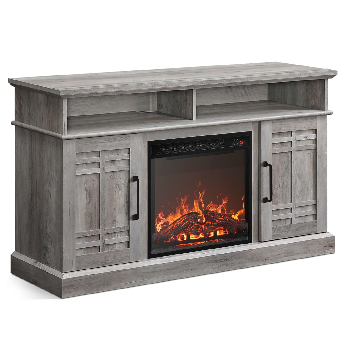 BELLEZE 48" TV Stand with 18" Electric Fireplace Heater, Modern TV Stand for TVs up to 50", Entertainment Media Stand with Open Shelves and Storage Cabinets for Living Room, Bedroom (Grey Wash)