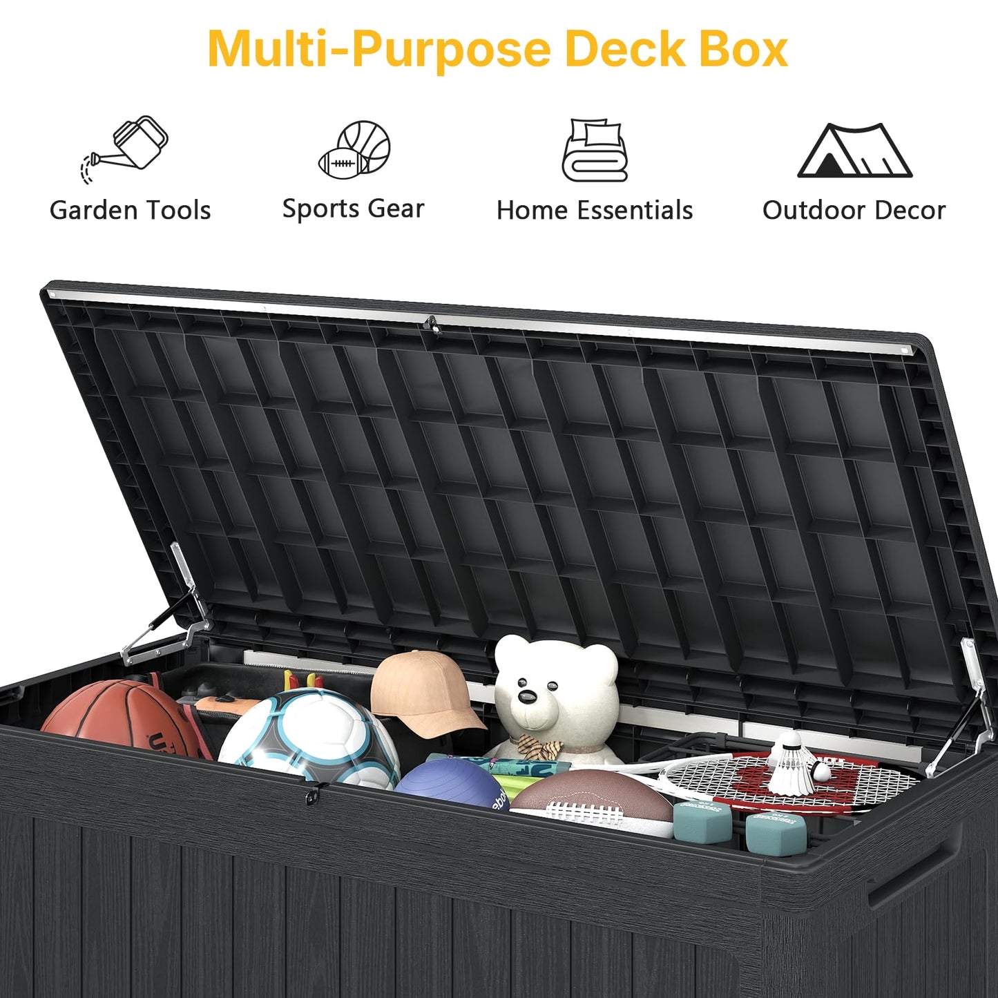 Skepphlay 260 Gallon Deck Box Large Outdoor Storage Box, Waterproof Pool Storage Cushion Boxes Bin, 440 lbs Load Capacity Black Outdoor Storage Bench for Garden, Patio