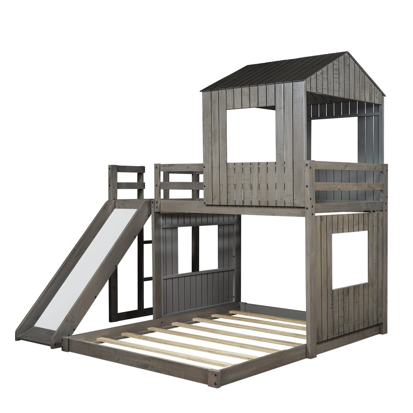 Twin Over Full Bunk Bed Frames Loft Bed with Slide, House Roof, Window and Safety Guardrails for Teens, Boys or Girls