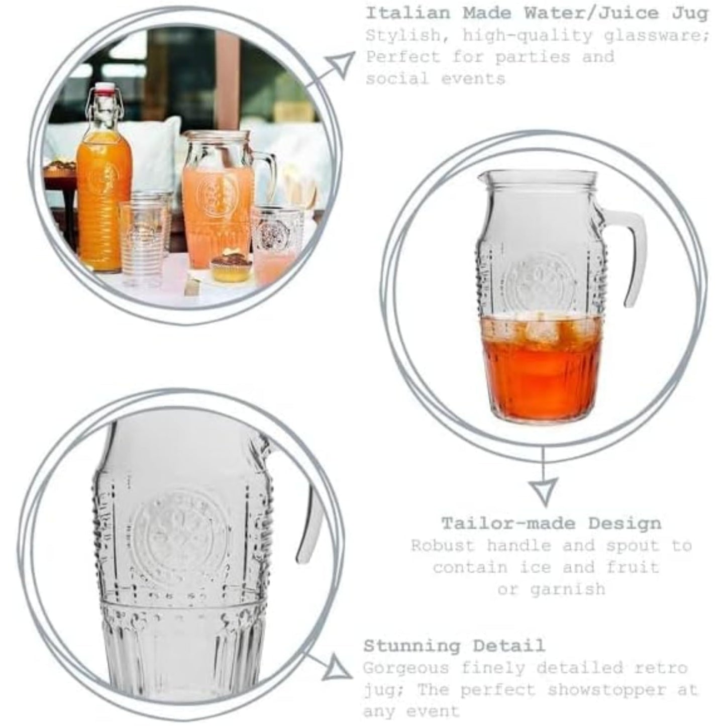 Bormioli Rocco Romantic, Elegant Floral Glass Pitcher, 60.75 oz, Made In Italy.