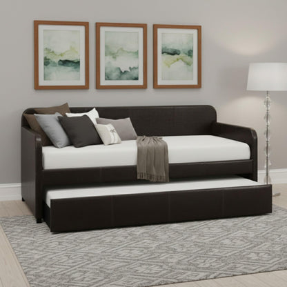HOME DESIGN Tiara Twin Daybed with Pull-Out Trundle, Upholstered Frame, Solid Wood Legs, Casual Design, Dark Brown