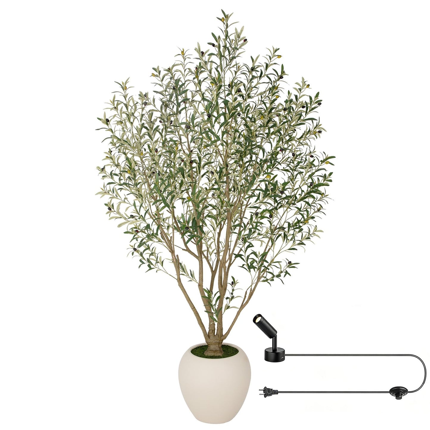 Nafresh 8FT Large Faux Olive Tree with 18.4''Wx16.5''H White Planter & Warm White Spotlight, Olive Trees Artificial Indoor with Multi Branches, Fake Olive Tree for Indoor Outdoor Home Office Decor