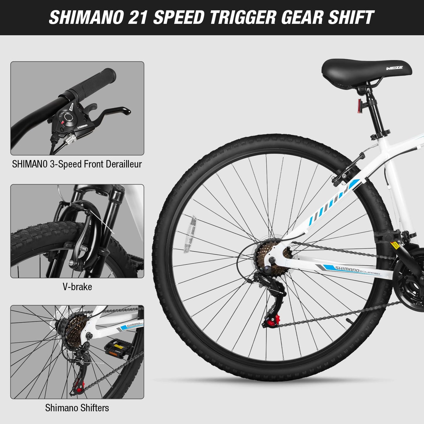 WEIZE Hardtail Mountain Bike, 29 Inch Wheels Outdoor Cycling Bike, 21-Speed Trigger Shifter, Aluminum Frame for Women and Men, Comfort Saddle, MTB Bicycle with Suspension Fork, White