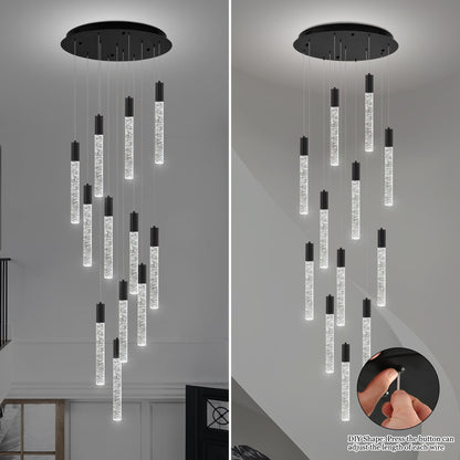 Upfelw Modern High Ceiling Crystal Chandelier 12-Lights, Large Spiral LED Raindrop Foyer Pendant Lighting, Bubble Staircase Living Room Hanging Light Fixture Flush Mount Black