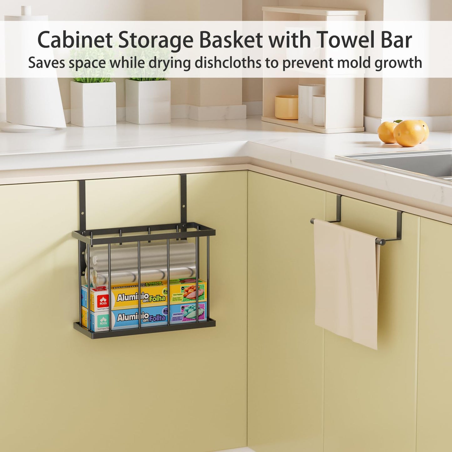 DTUQYX 3 Pack Cabinet Door Organizer - Adjustable Over Cabinet Door Organizer with Towel Rack and Small Basket, Over The Cabinet Door Storage for Kitchen Supplie, Cleaning Supplie and Cutting Board