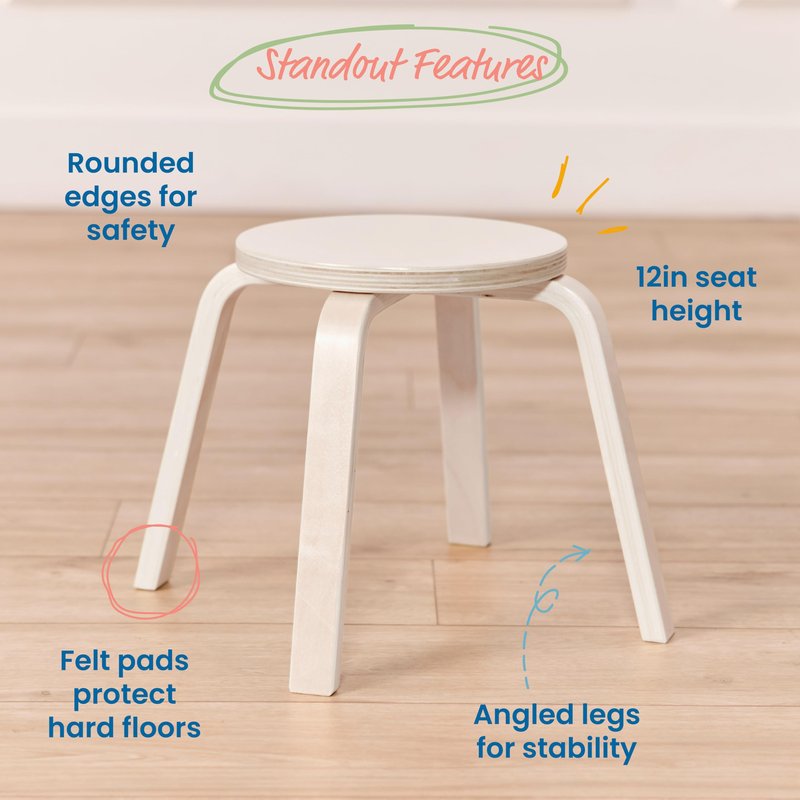 ECR4Kids Bentwood Stackable Stools, 12in Seat Height, Classroom Furniture, White Wash, 6-Piece