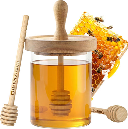 13.5 OZ HAPPI STUDIO Airtight Honey Pot with Dipper - Borosilicate Glass Honey Jar with Dipper - Glass Honey Dispenser