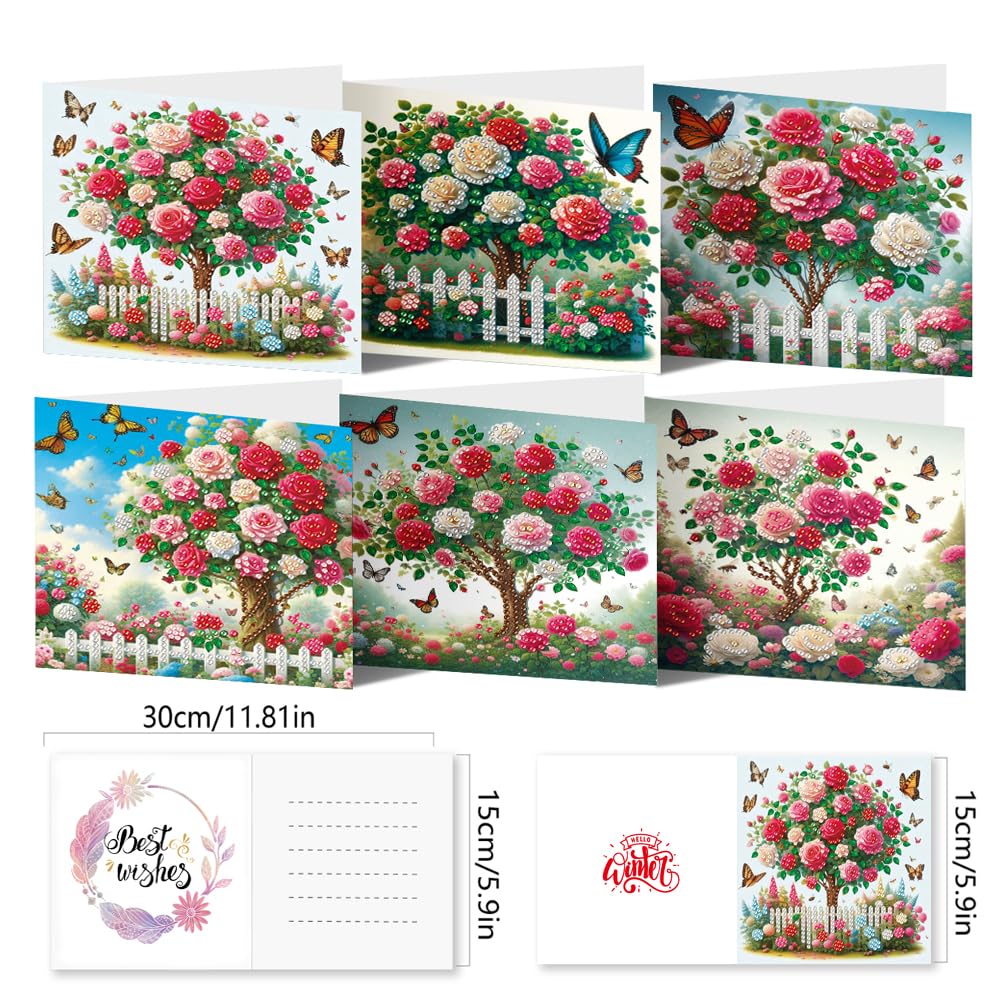 pigpigboss 6 Packs Rose Diamond Painting Greeting Cards Kit, Butterfly Rose Tree Garden Diamond Art Birthday Card with Envelope for Adult Beginner Holiday Blessing
