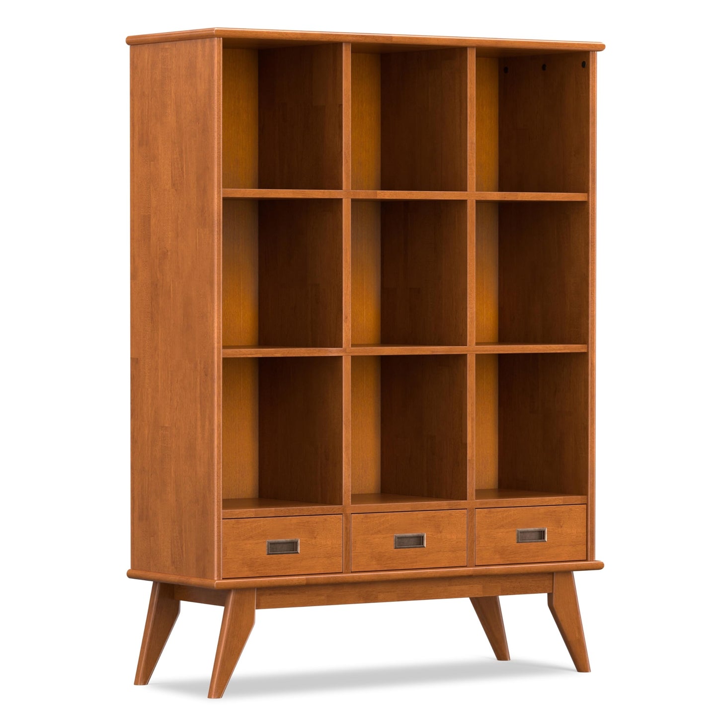 SIMPLIHOME Draper Bookcase - 58 inch Tall 9-Cube Solid Hardwood Cube Organizer with Drawers in Teak Brown, Mid-Century Storage for Living Room, Entryway or Bedroom with Cubbies and Angled Legs
