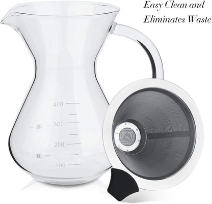 Pour Over Coffee Maker, Reusable 400ml Borosilicate Glass Hand Drip Manual Dripper Brewer Pot with Scale, Portable for
