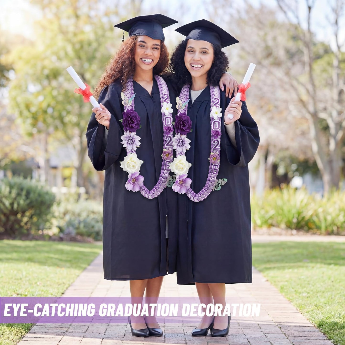 Dunzoom 100 Pcs DIY Purple Graduation Leis and Cap Decorations Kit 55''Double Braided Graduation Ribbon Lei Artificial Flower 3D Butterfly Glitter Paper Grad Cap Topper Accessory for 2026 Grad