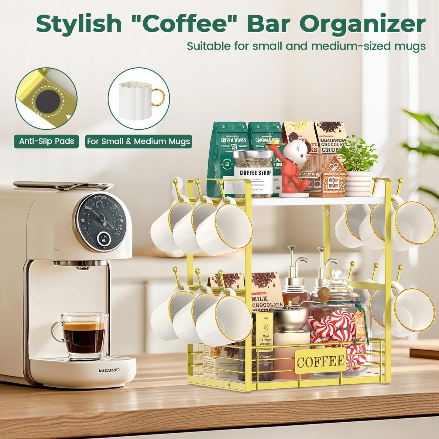 2 Countertop 12 EsLuker.ly Coffee Mug Cup Holder Tree Bar Station Organizer, Tier Mug Stand Rack for Kitchen, Storage
