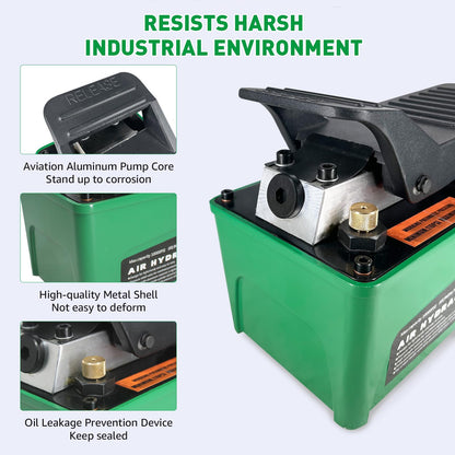 HYDRAULIC PRO 10,000 PSI Air Hydraulic Pump, 1.6L Reservoir, NPT 3/8" Oil Outlet, NPT 1/4" Inlet, Foot Pedal Operated, for Auto Body Frame Machines, Hydraulic Press, and Hole Punch, Green