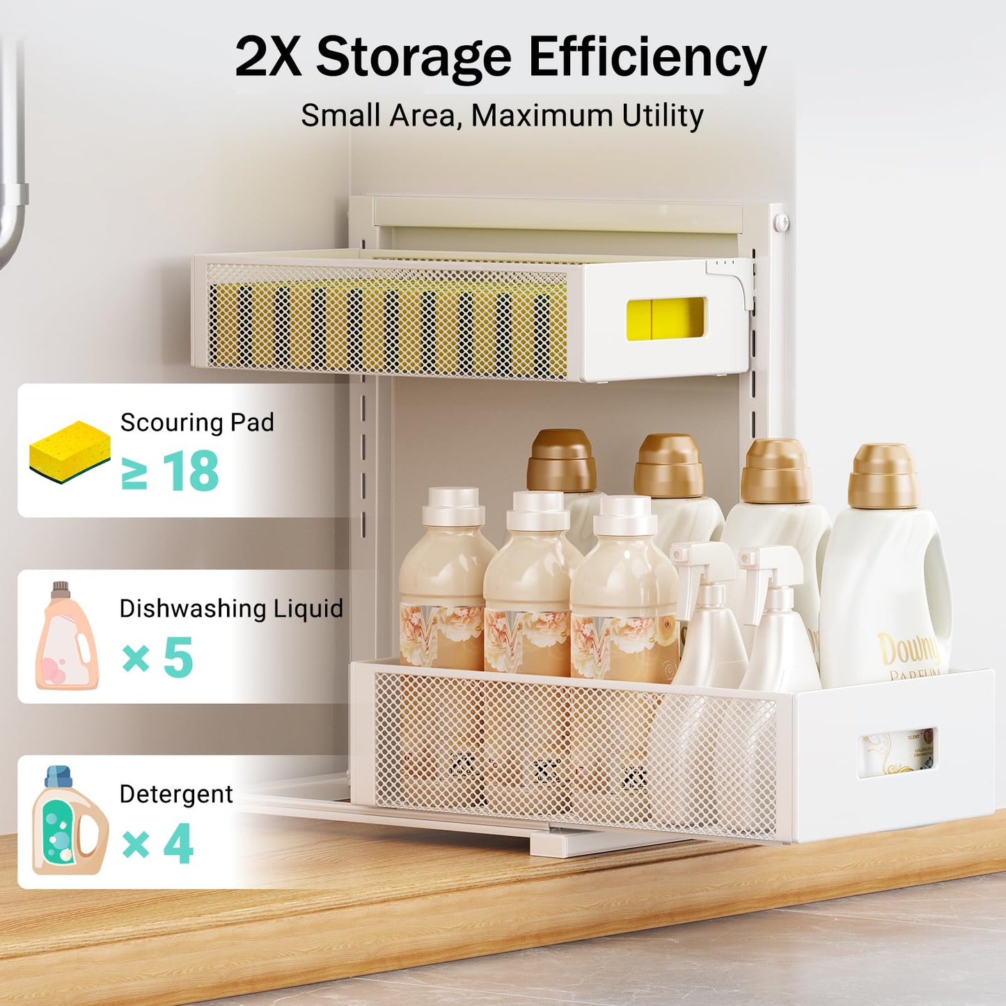 Petiza Under Sink Organizer Adjustable Height 2 Tier Bathroom Organizer Pull Out Cabinet Organer kitchen organizers and storage fridge organizers and storage,White,XL-1 Pack