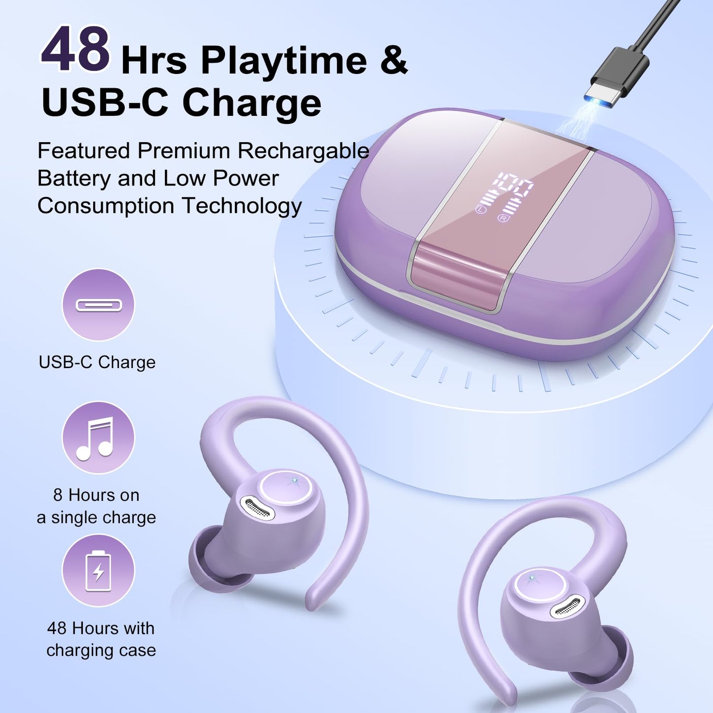 Wireless Earbuds Bluetooth 5.3 Headphones Sports, 48H Over Ear Buds with ENC Mic, Stereo Deep Bass Bluetooth Earbuds with Secure Earhooks, LED Display, IPX7 Waterproof Earphone for Running/Gym Purple
