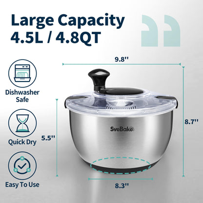 SveBake Stainless Steel Salad Spinner, 4.8 Qt Vegetable Washer, BPA-Free Lettuce Dryer with Crank Design, Dishwasher Safe, Non-Slip Base - Transparent Lid