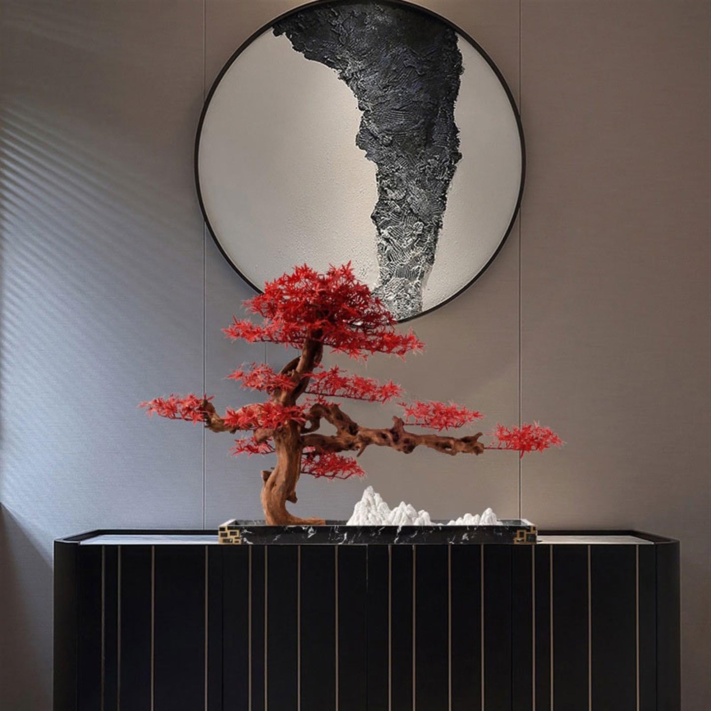 GRFIT Artificial Bonsai Red Maple Leaves Ornaments with Zen Simulation for Entrance, Study, Office, Coffee Table, Bonsai Ornaments, Luxury Decorations Artificial Tree Plant