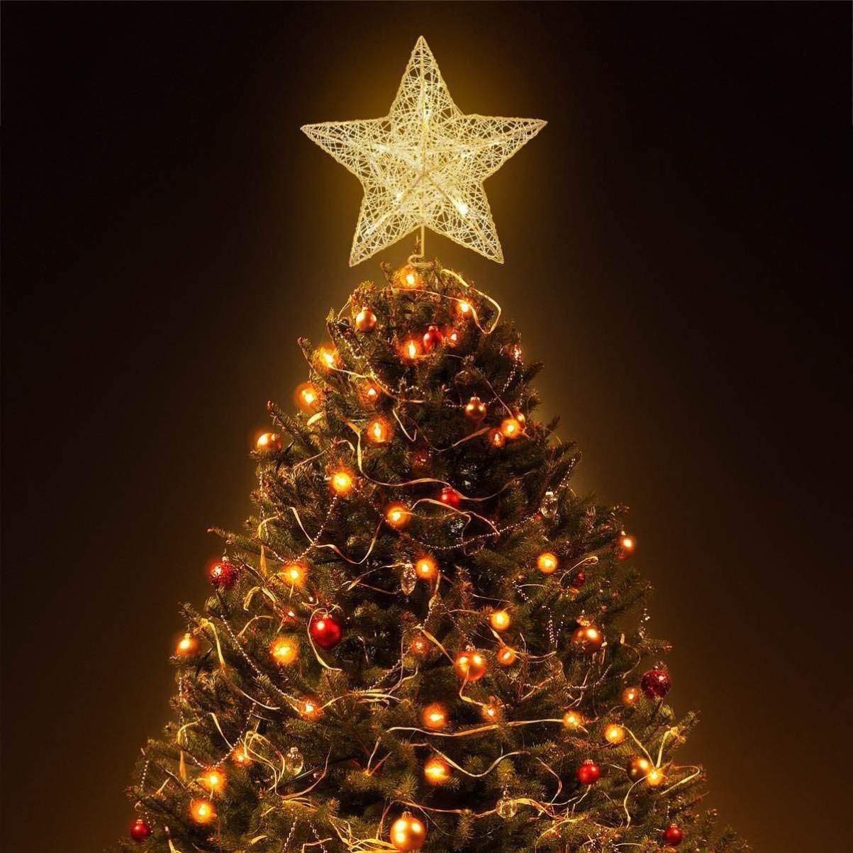 10 Inches LED Christmas Tree Topper, Glitter Gold Hollow Star Treetop, Christmas Ornaments for Tree Decor