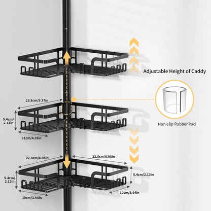 Tension Pole Shower Caddy 5x Stability, Adjustable Floor to Ceiling Shower Organizer, Standing Shower Tension Rod Shelves, 4 Tier Storage Shelves with 2 Soap Holders/Hanging or Adhesive, 25in-114in