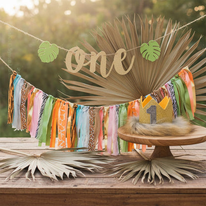 1st Set PapaKit Wild One Birthday Boys High Chair Decoration Premium - Lion King Crown, Rustic Ribbon Garland, Palm
