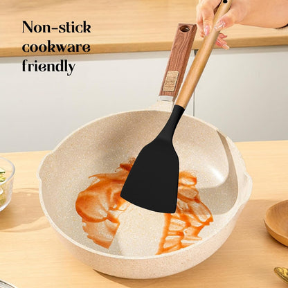 Silicone Kitchen Utensils Set, 28PCS Large Cooking Utensils with Holder, Wooden Handles, Spatula, Spoon, Whisk, Black
