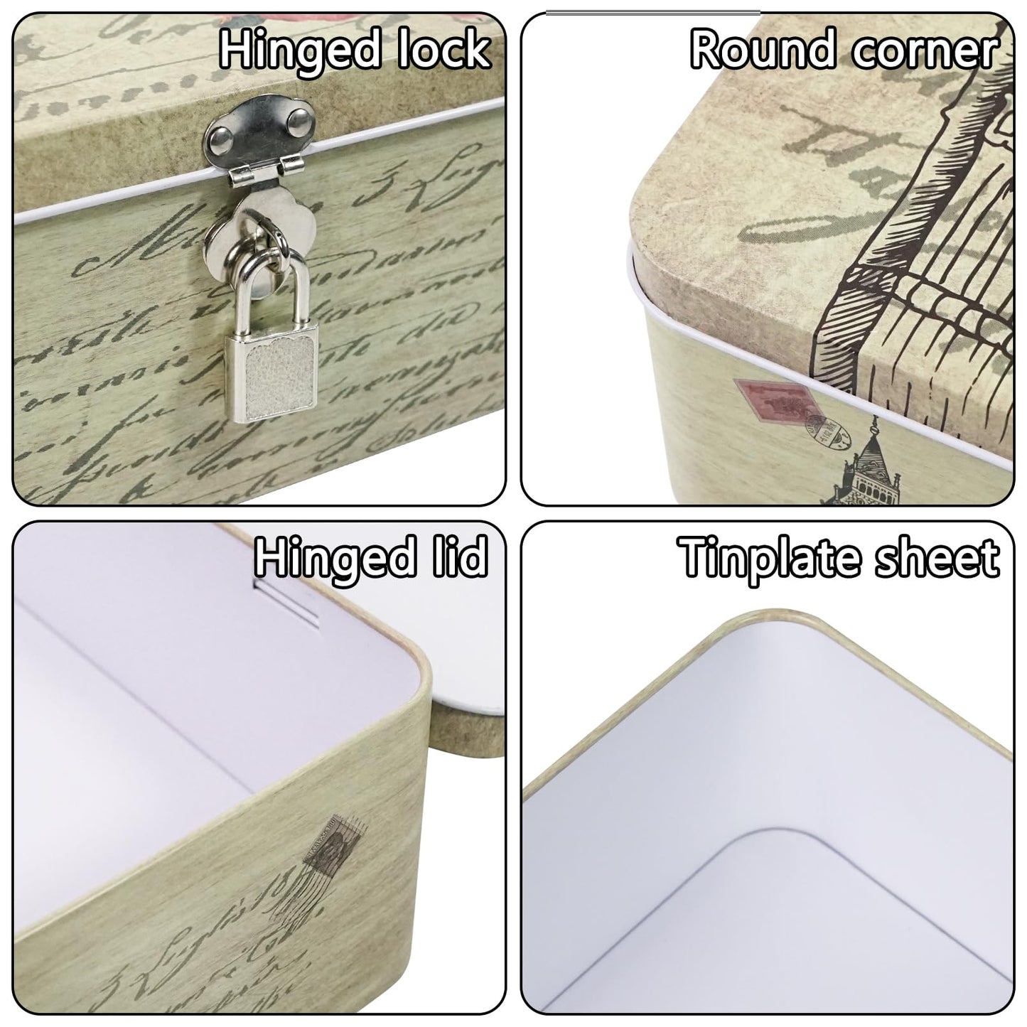 DreamsEden Decorative Keepsake Box with Hinged Lid and Small Lock, Large Letter Size, Tin Sheet Metal - Storage Memory Box for Keepsakes, Cards, Letters, Seed, Kids Gifts