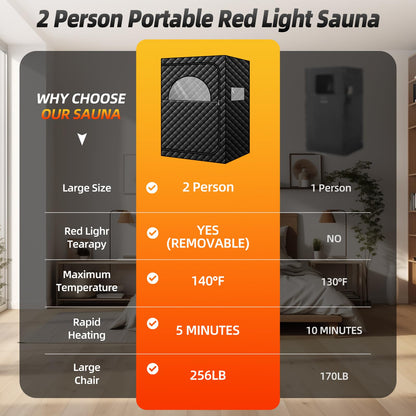 AMOCANE Portable Infrared Sauna with 660nm Red Light Therapy Lamp, 2 Person Red Light Sauna Spa for Home, Full Body Personal Tent with 2 Large Chairs, Remote Control, Dry Heated for Gym/Pilates/Garage