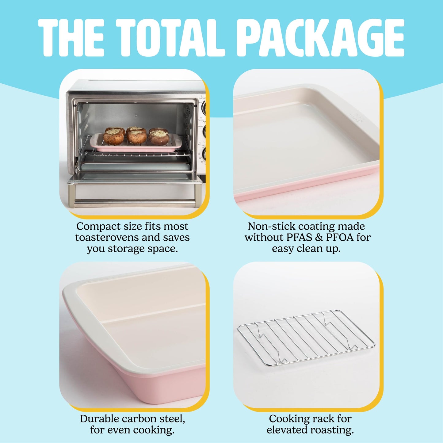 Tasty Nonstick Toaster Oven Baking Set Includes Cake Pan, Oven Tray, Rack, Carbon Steel Bakeware, 3-Piece Set, Pink