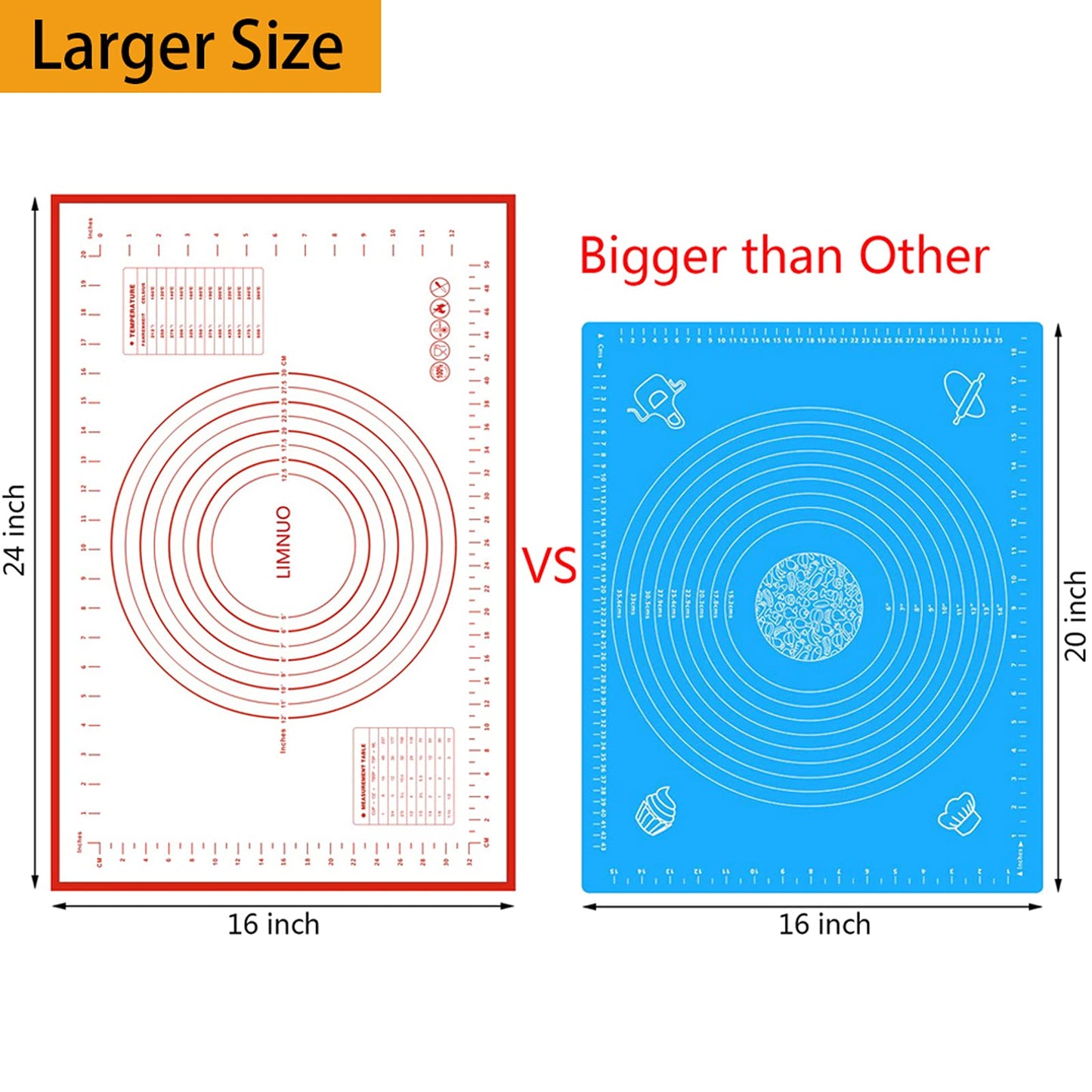 Silicone Baking Mat，Non Stick Rolling Dough with Measurements for Pie Pizza Cookies Fondant Making，Extra Thick Non Slip Silicone Pastry Mat (Red, L-16"×24")