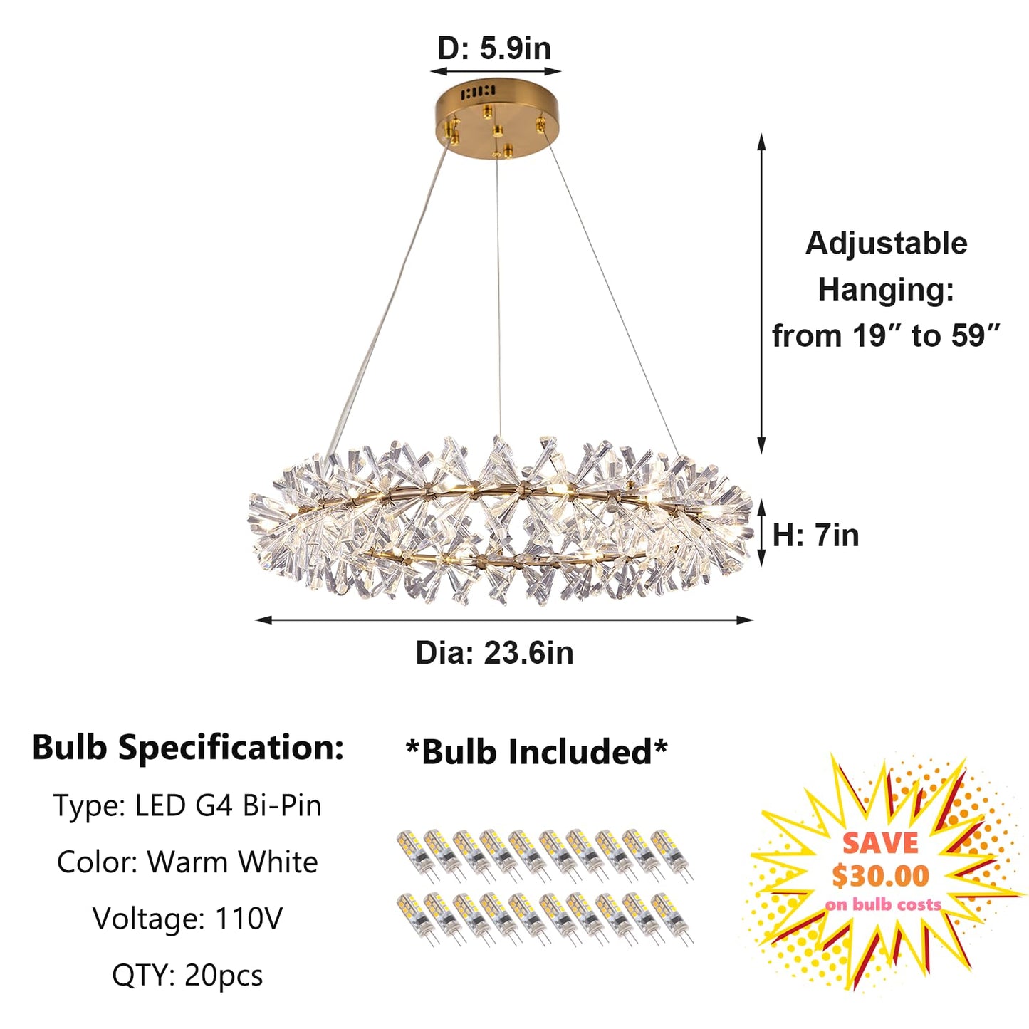 Axamate Modern Crystal Chandeliers D24 Gold Ring Chandelier Light Fixture Adjustable Hanging Ceiling Light for Living Room Bedroom Dining Room Laundry Room Foyer Kitchen Island