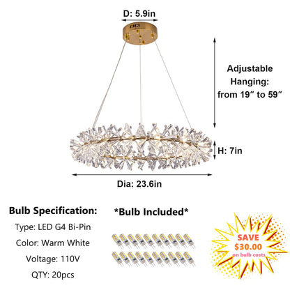 Axamate Modern Crystal Chandeliers D24 Gold Ring Chandelier Light Fixture Adjustable Hanging Ceiling Light for Living Room Bedroom Dining Room Laundry Room Foyer Kitchen Island