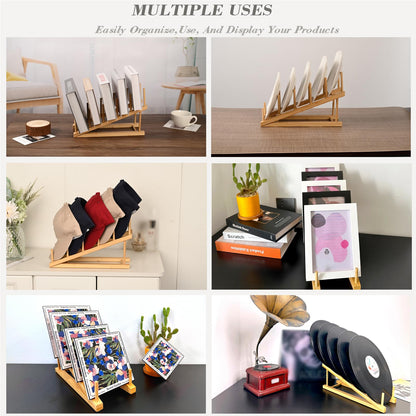 SRYESA 2 Pack Plate Stands For Display,Wooden Plate Holders for Displaying,5-Tier Craft Show Display Stands For Tabletop Book, Artwork, Photo, Puzzle, Magazine and Platter