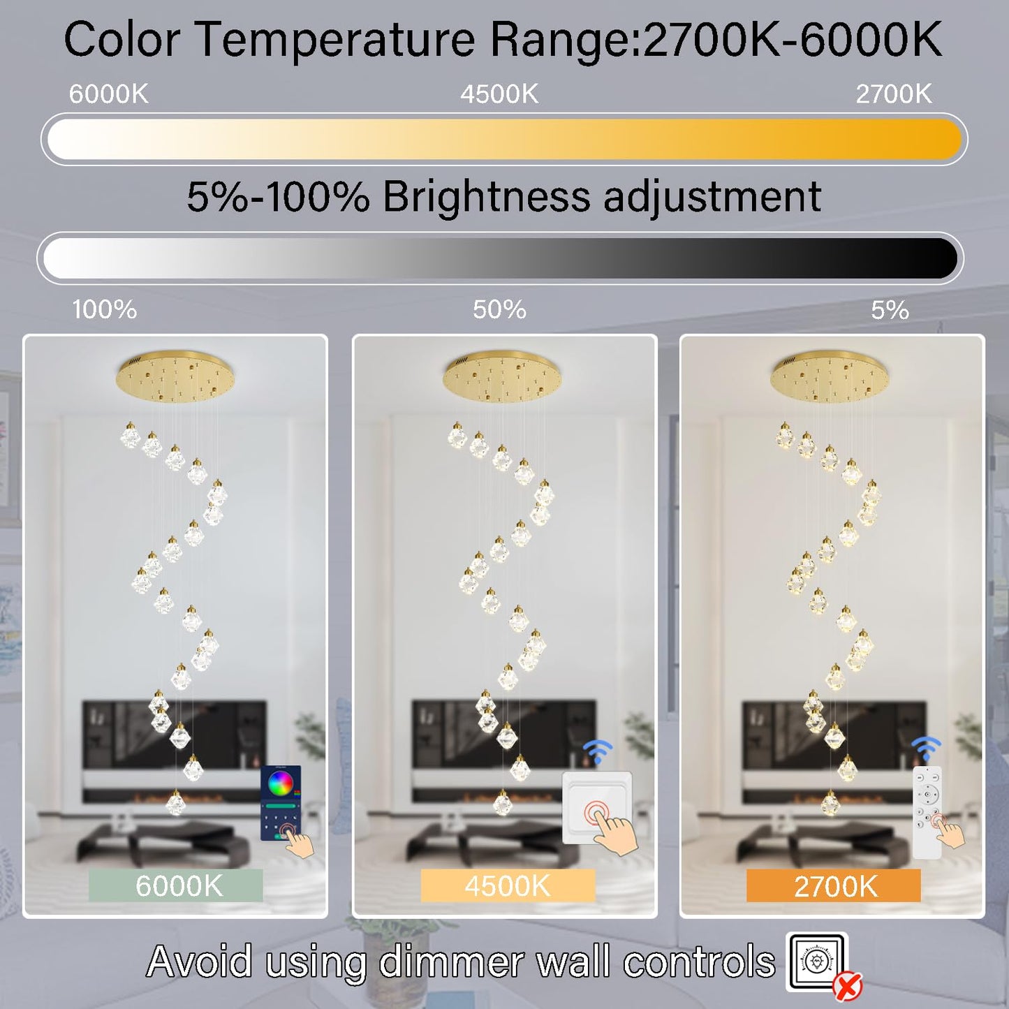 H142in Foyer Chandelier Big Chandeliers for High Ceiling Gold Pendant Light Fixture 26-Lights Crystal Chandelier Lighting Fixture for Living Room Staircase Villa