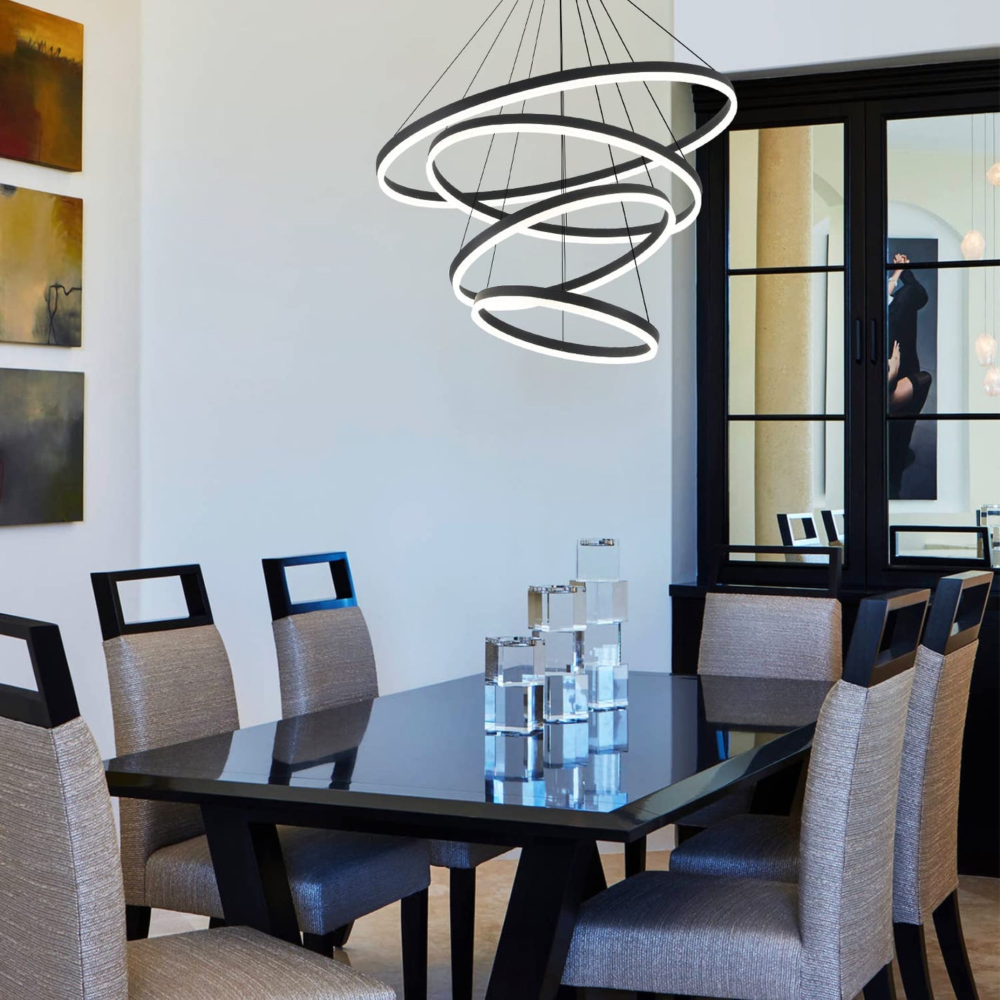 XGZL · LIGHTING 4-Rings Modern LED Chandelier Black Contemporary for Living Room, Dimmable Flush Mount High Ceiling Pendant Light with Remote Control for Staircase Dining Room(D31.5’’, 3000K-6500K)