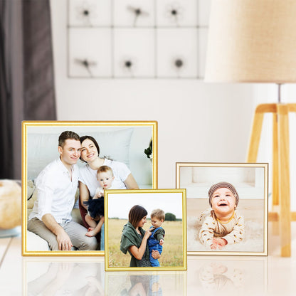 Autjvy 5x5 Picture Frames Gold - Brushed Brass Modern Simple Thin Aluminum Metal Photo Frame with HD Real Glass, Display for Tabletop and Wall Collage. (2 Pack)
