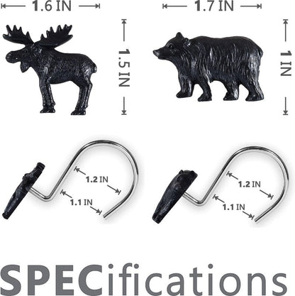 Bear & Deer Shower Curtain Hooks：12 Pcs Black Rustic Cabin & Christmas Reindeer Decorative Hooks Rustproof Stainless Steel Rings - Farmhouse Lodge Western & Woodland-Themed Bathroom Home