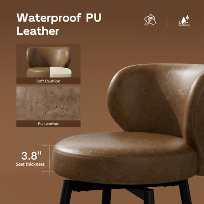Sucrever Bar Stools Set of 4, 26" Counter Height Swivel Leather Bar Stools, Upholstered Barstools with Back & Footrest Metal Legs, Stools for Kitchen Island, Home Bar, Dining Room Brown
