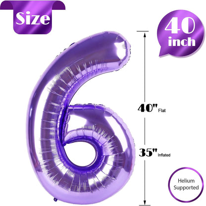 Purple Number 6 Balloon - 40 Inch Giant Foil Balloon for 6th Birthday Party Decorations