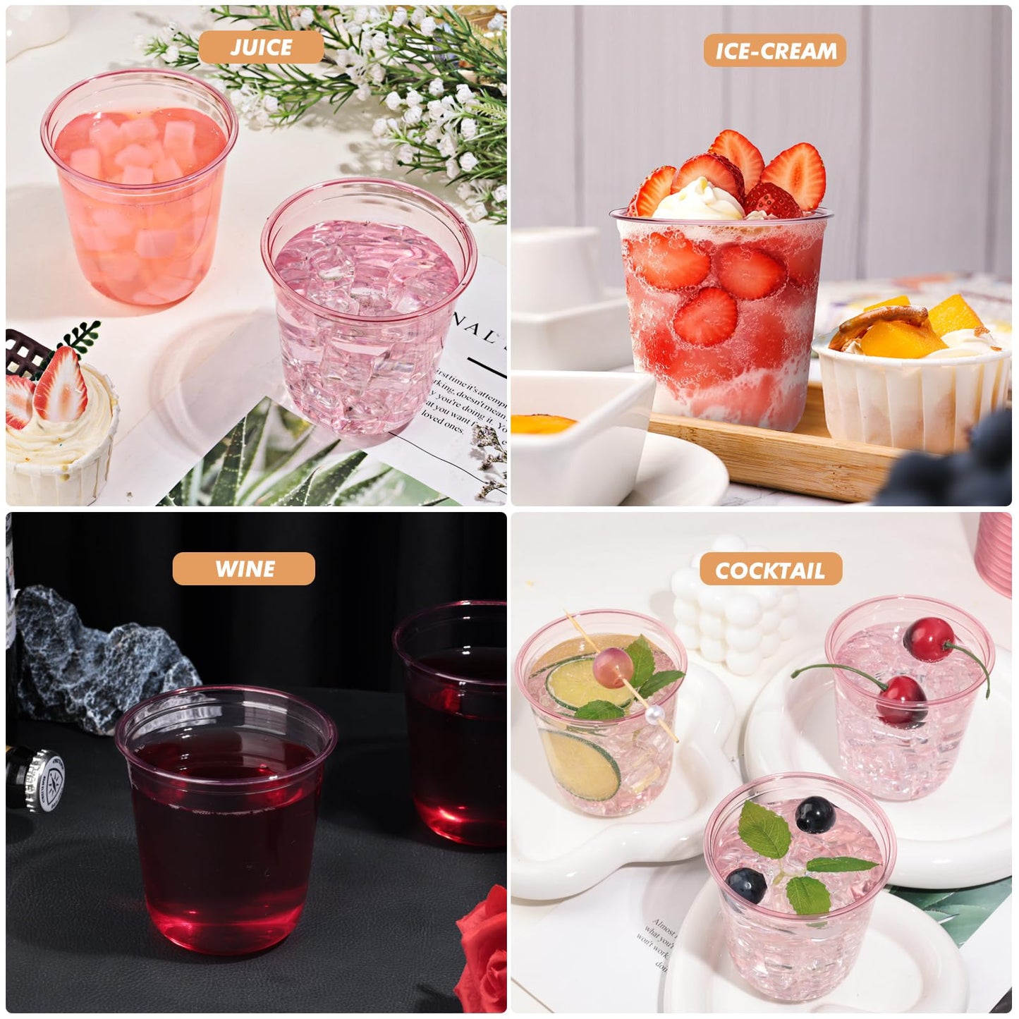 KesaPlan 50 Pcs Pink Plastic Cups, 12oz Disposable Stemless Wine Glasses for Cocktail Cute Clear Cocktail Wine Glasses Pink Party Cups for Valentine's Galentine's Day Wedding Christmas Party
