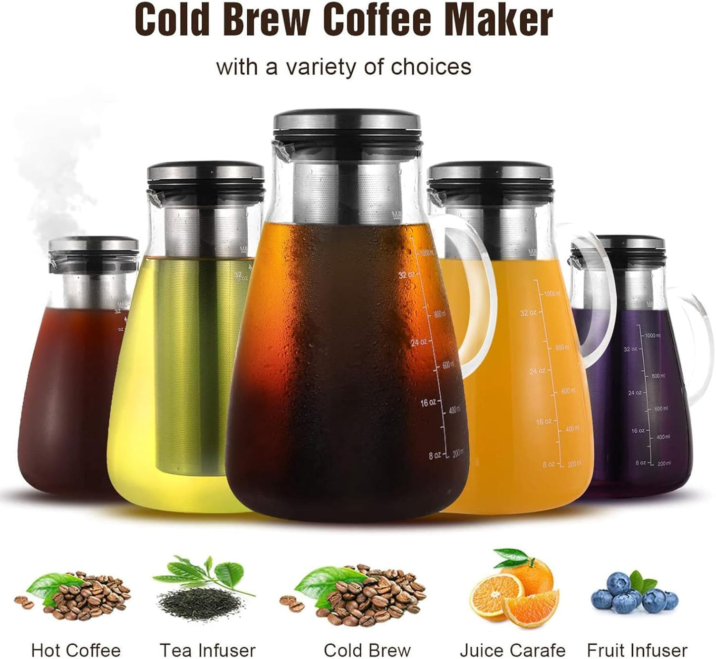 Cold Brew Iced Coffee Maker 34oz, BPA-Free Glass Pitcher with Removable Double Mesh 304 Stainless Steel Filter