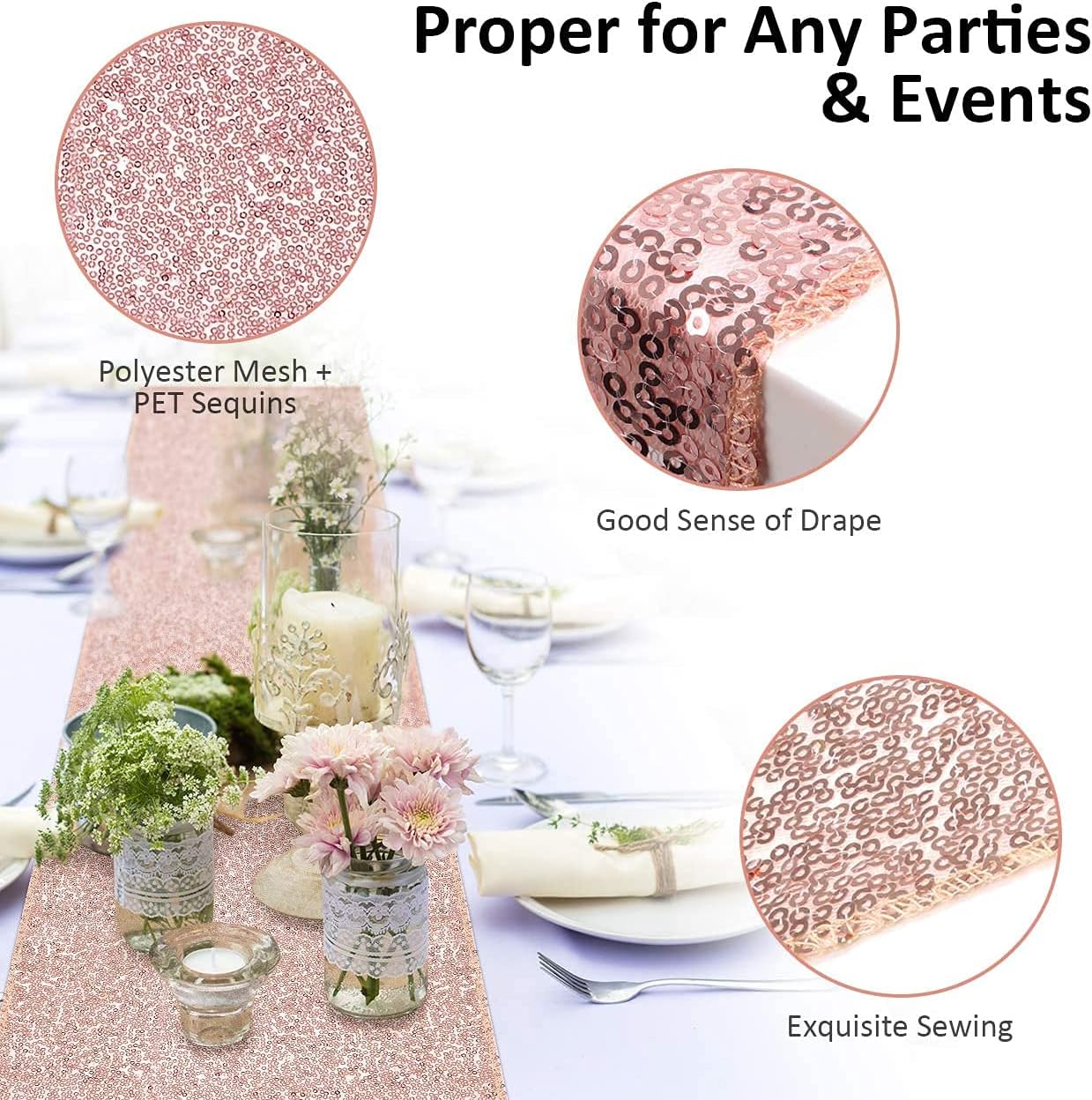 FGSAEOR Rose Gold Tablecloth, 12x108inch Sequins Table Runners and 54x108inch Plastic Table Cloths for Christmas