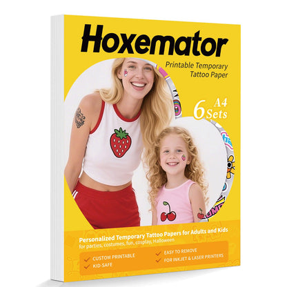 Hoxemator Temporary Tattoo Paper for Laser & Inkjet Printers, 6 Sheets 8.5"x11" Printable Waterslide Tattoo Transfer Paper, Skin-Safe DIY Custom Fake Tattoos for Cosplay, Parties & Festival