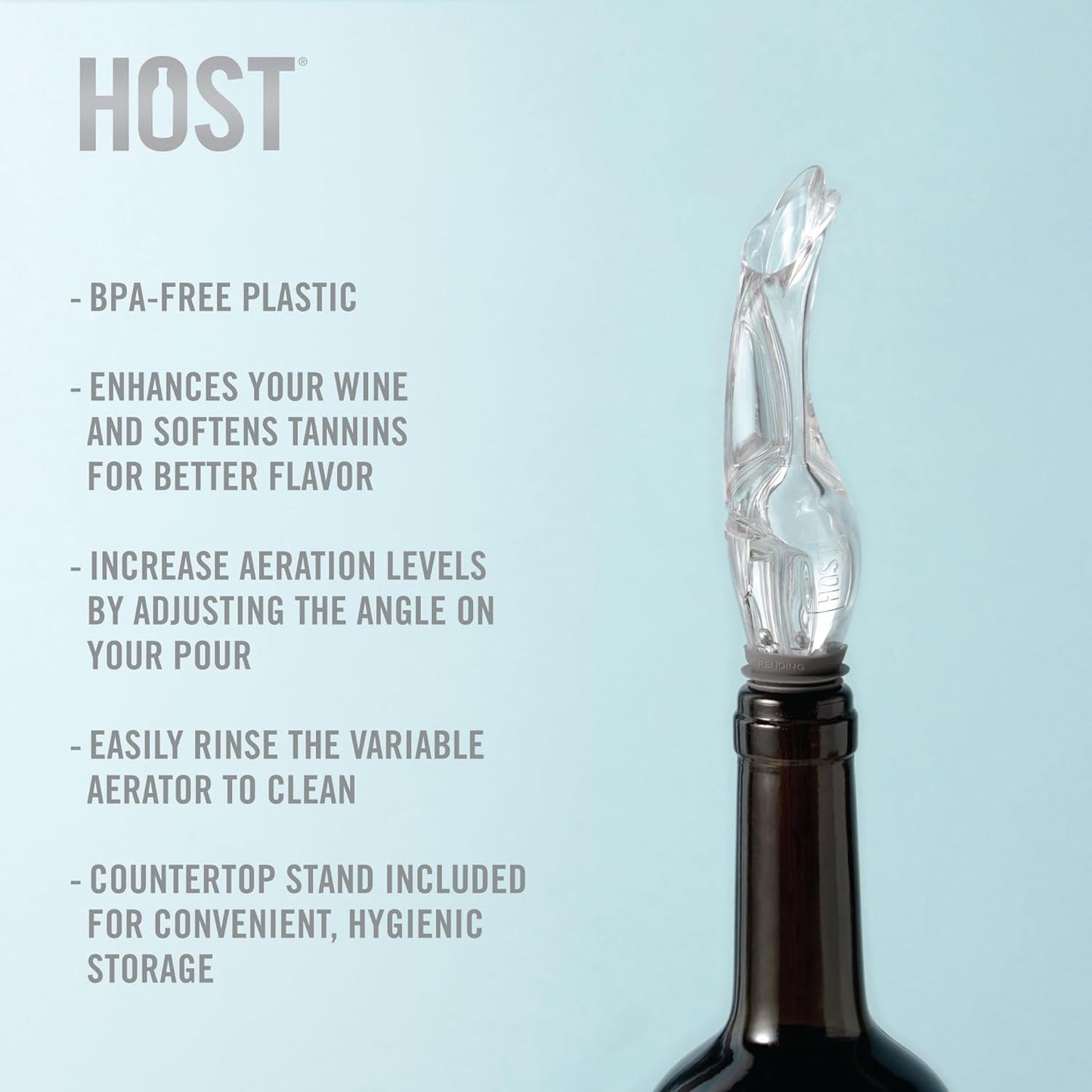 HOST TILT Wine Aerator Pour Spout with Stand, Silicone and Plastic, Gray Set of 1