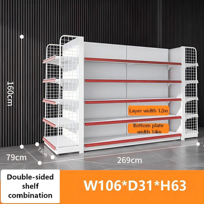 Gondola Shelving Unit for Retail Store, Heavy Duty Supermarket Display Rack, Double-Sided Metal Shelf with Adjustable Layers for Grocery, Convenience Store & Commercial Use (White, W106*D31*H63)