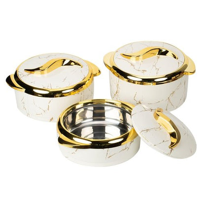 Hywisnok Luxury 3-Piece 2.6/2.1/1.6qt Thermal Casserole Dish Set with Lids, Insulated Stainless Steel Container for Hot & Cold Food, Serving Bowl for Buffets/Parties-Marble White