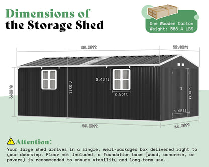 VanAcc 12x20x7.2 FT Outdoor Storage Shed with 2 Transparent Panels, Metal Garden Shed with Hinged Double Doors, Windows & Vents, Reinforced Steel Frame for Backyard Garden, DIY Workshop, Dark Gray