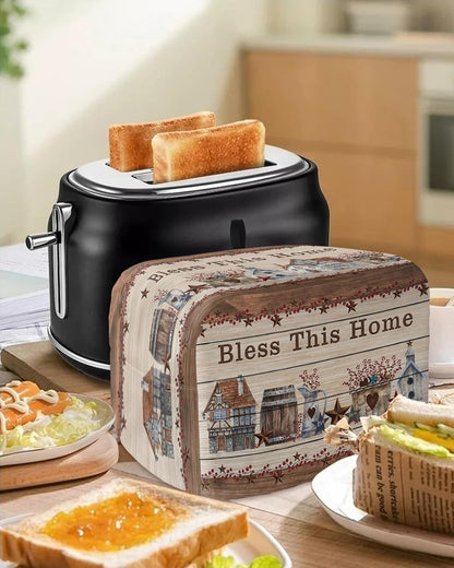 Toaster Dust Cover with Pockets, 2 Slice Soft Washable American Country Star Bless This Home Berries Wooden Board